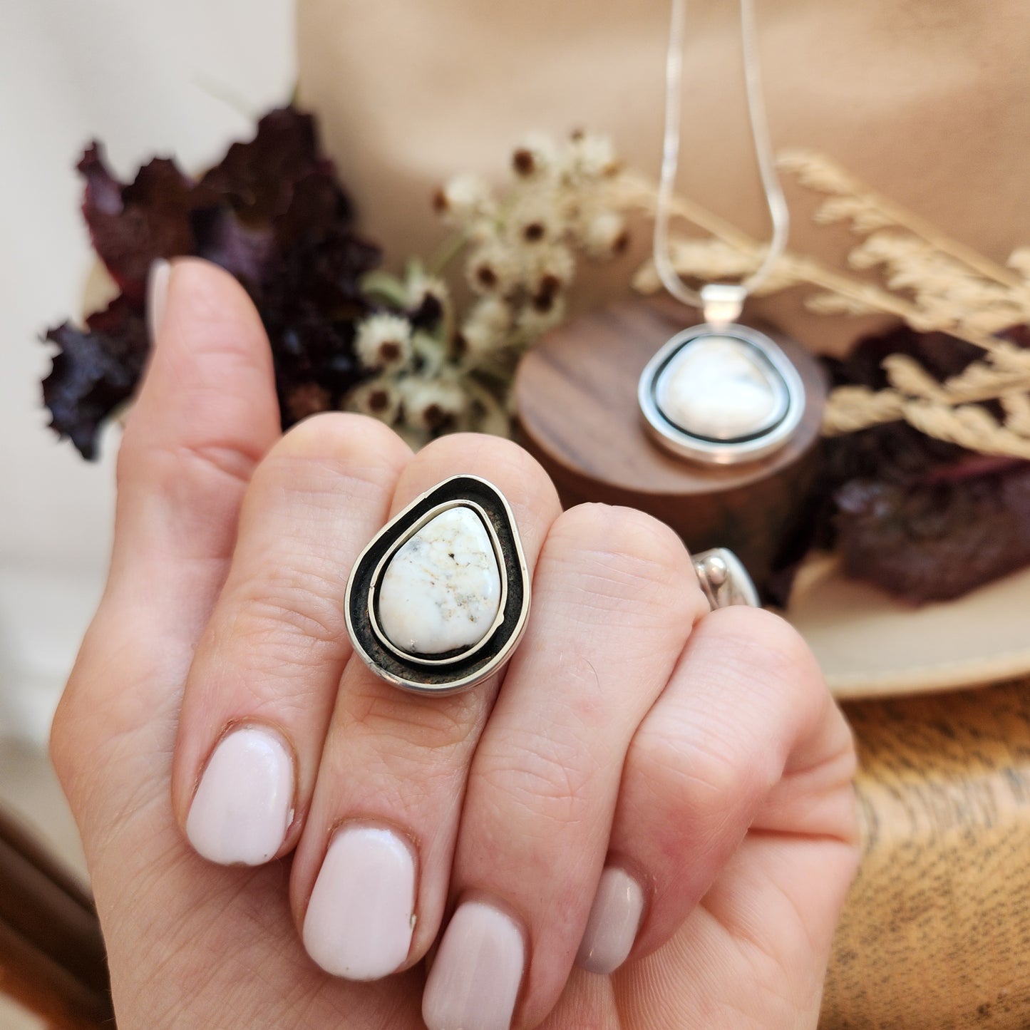 White Buffalo Ring and Necklace Set