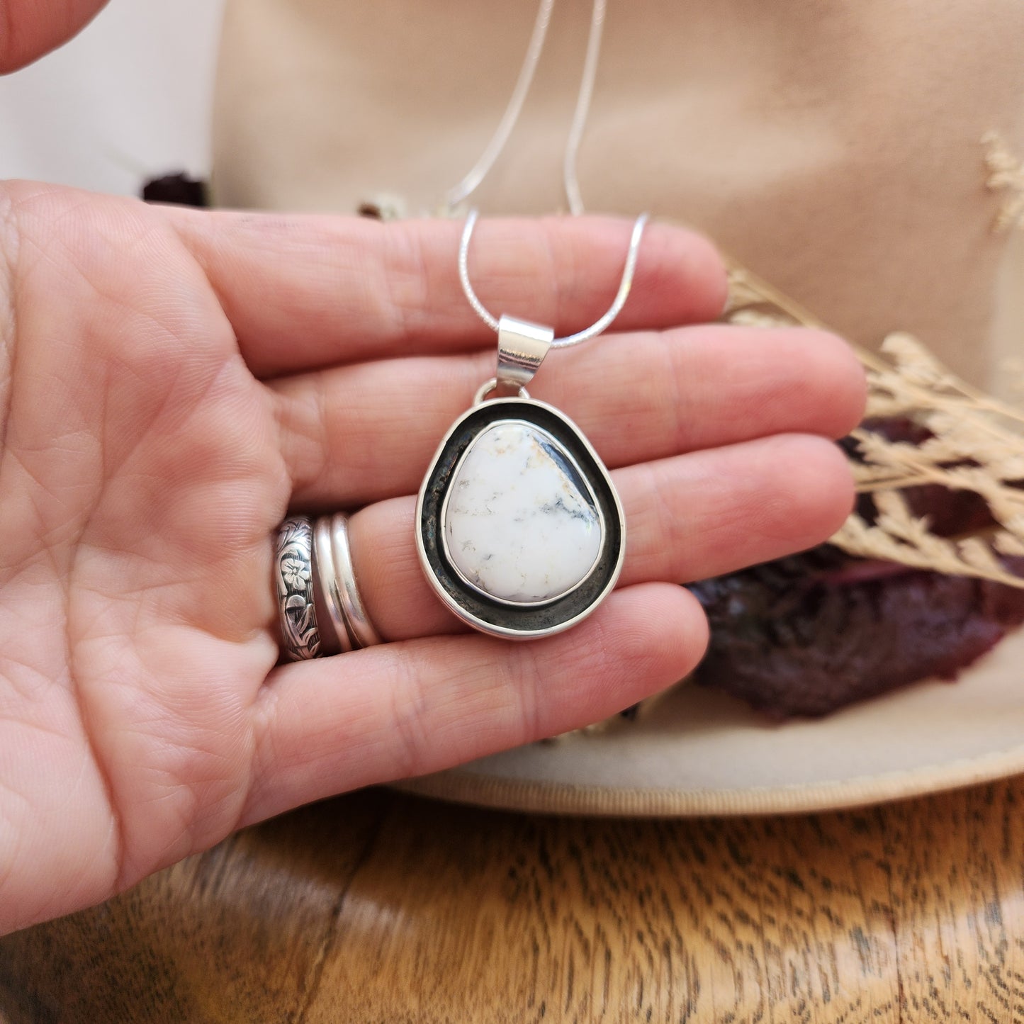 White Buffalo Ring and Necklace Set